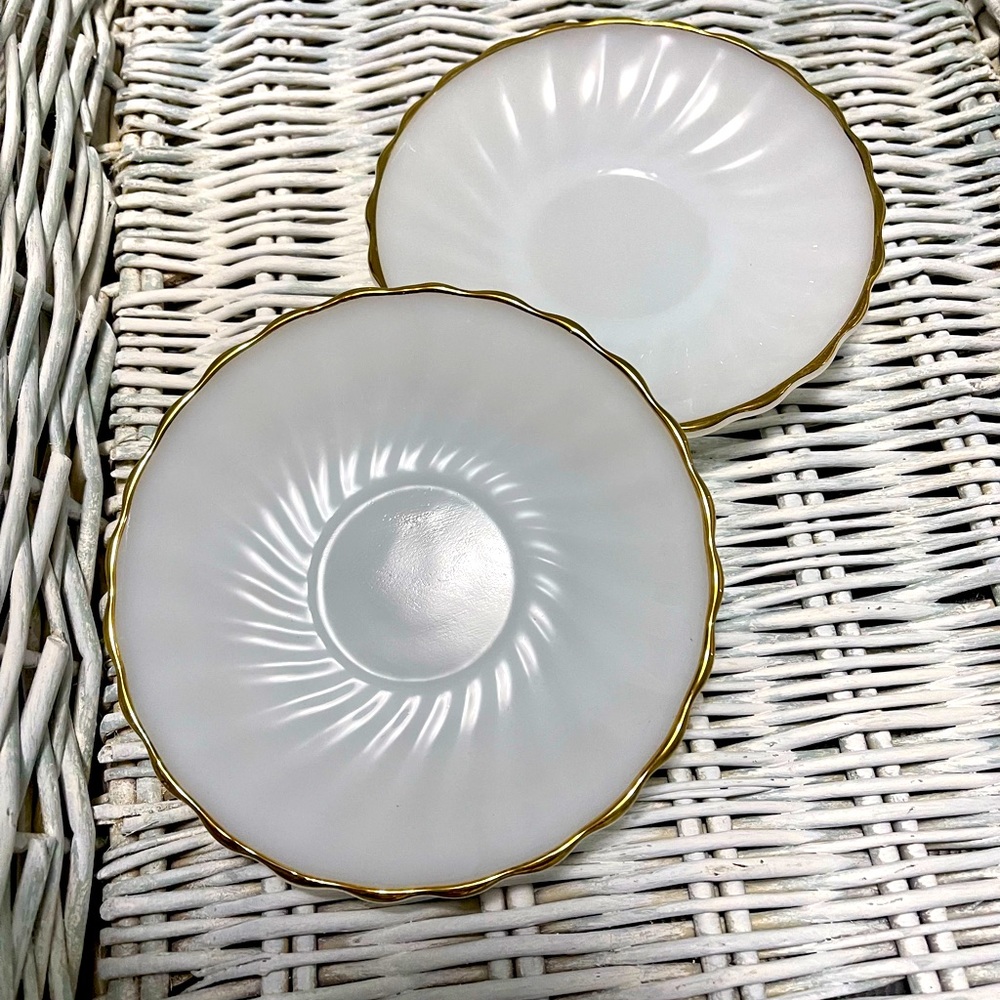 2 Vintage Anchor Hocking Fire King Saucer Scalloped Edge White Gold Gilt
